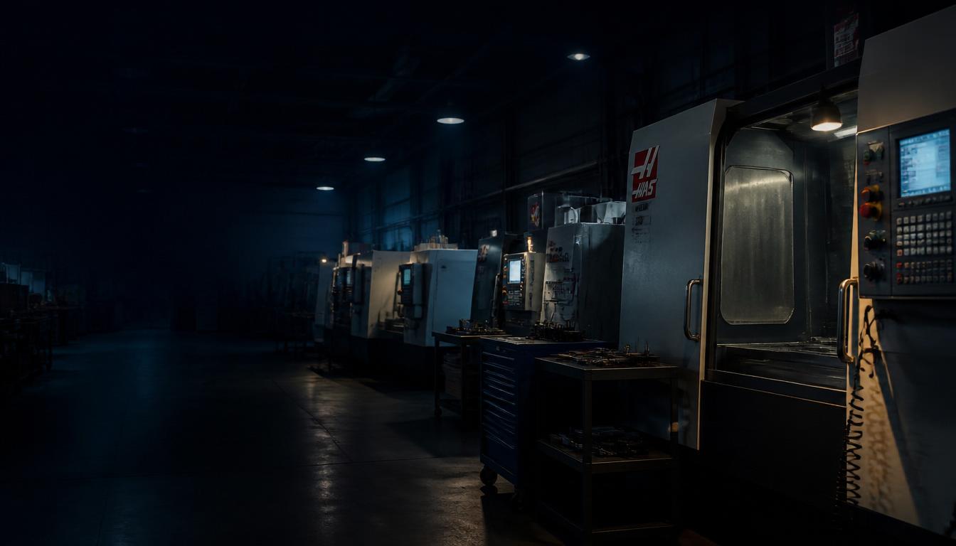 CNC machine shop floor lit dramatically, showing precision manufacturing equipment